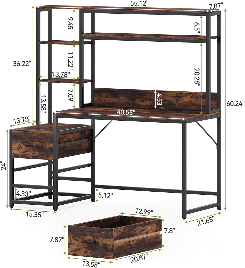 LITTLE TREE Computer Desk with Drawers and Hutch, 55' Gaming Desk with Storage Shelves, Modern Wooden Study Writing Desk for Bedroom Home Office, Brown