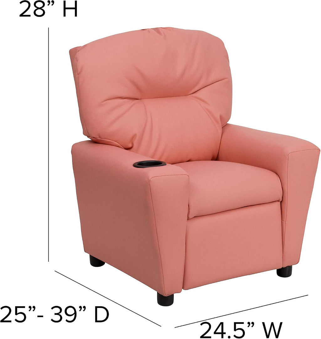 EMMA + OLIVER Pink Vinyl Kids Recliner with Cup Holder