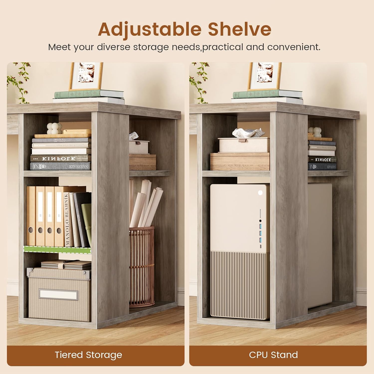 SEDETA 55.1' Executive Computer Desk with 3 Drawers, Farmhouse Office Desk with File Drawer & Storage Shelves, Executive Desk with Power Outlet for Home Office, Grey