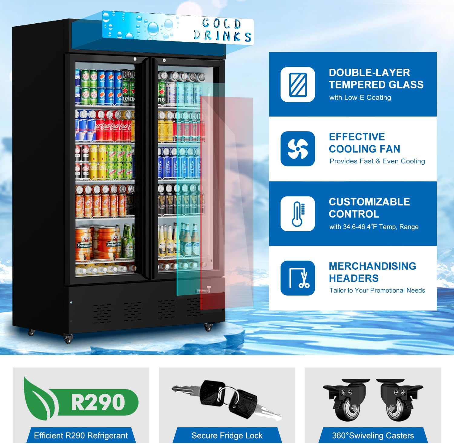 40 Cu.ft. Commercial Beverage Refrigerators, 47.83''Glass Door Refrigerator Upright Display Cooler with Soft LED Light and Adjustable Shelves for Stores