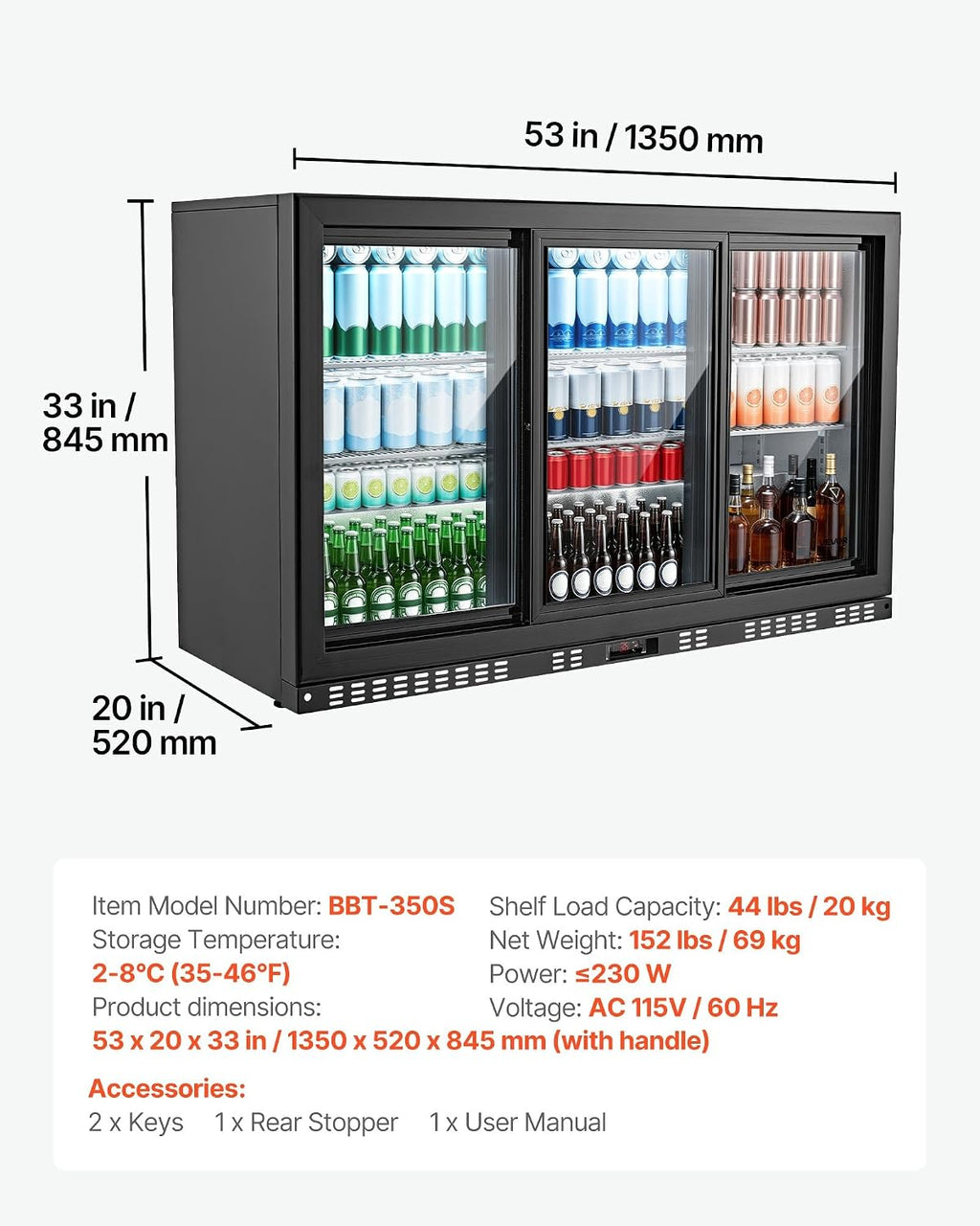 VEVOR Back Bar Cooler, 11.4 Cu.Ft Commercial Beverage Refrigerator, 3 Sliding Glass Doors, Fan Cooling Under Counter Beer Fridge w/LED Lighting, Shelves, Low-E Glass Display for Drinks, Bar, Store