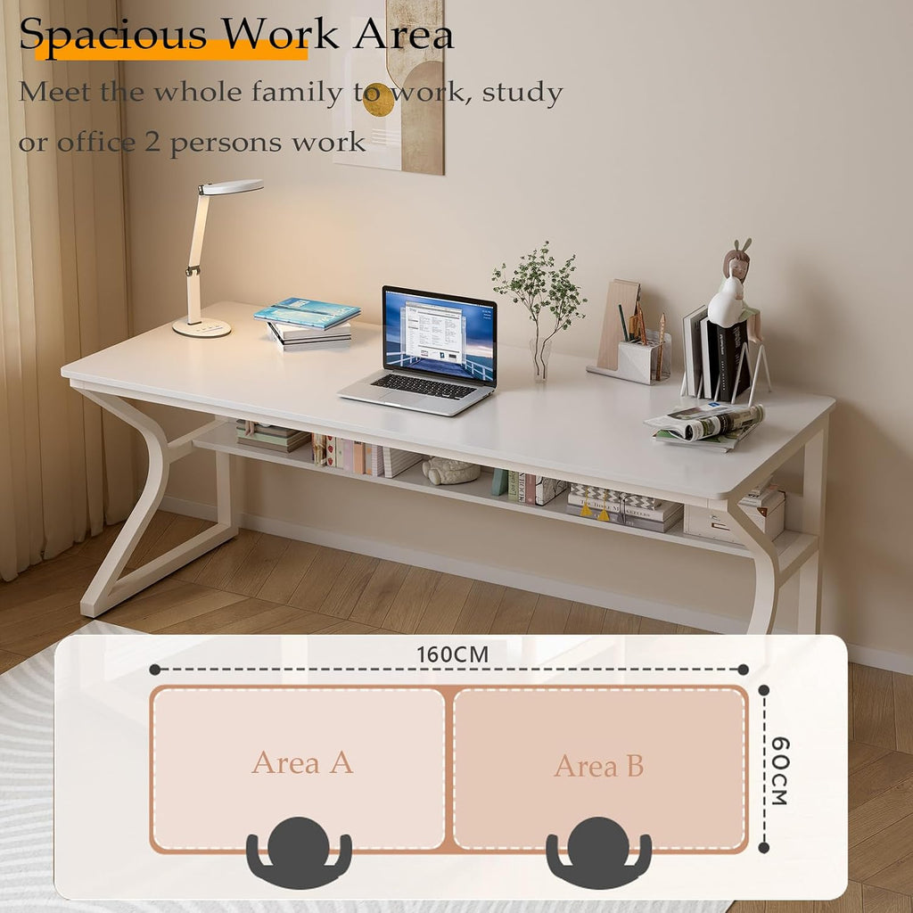 OSCHF Extra Long Desk with Bookshelf - 63' Double Long Writing Table for 2-Person Workstation, Modern Study Work Computer Desk for Home and Office, Warm White