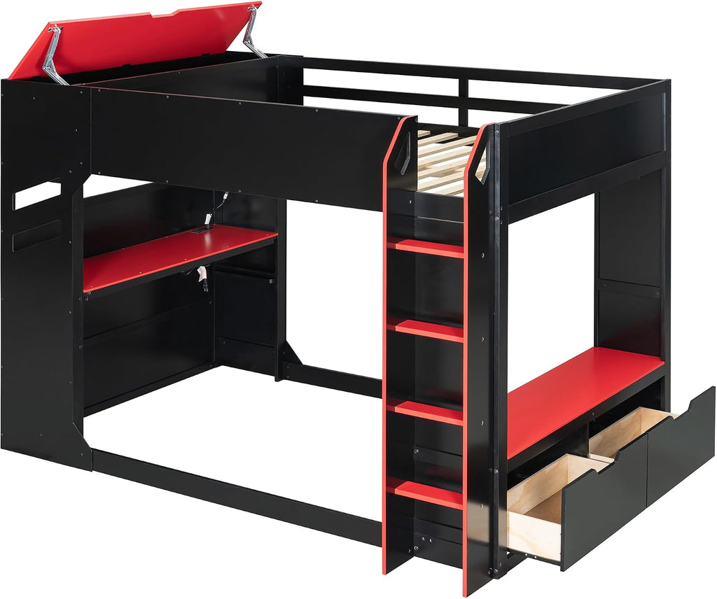 Merax Wood Loft Bed with Height-Adjustable Desk,Drawers,Storage Compartments,Hanging Rod and RGB Lights, Full Size, Red