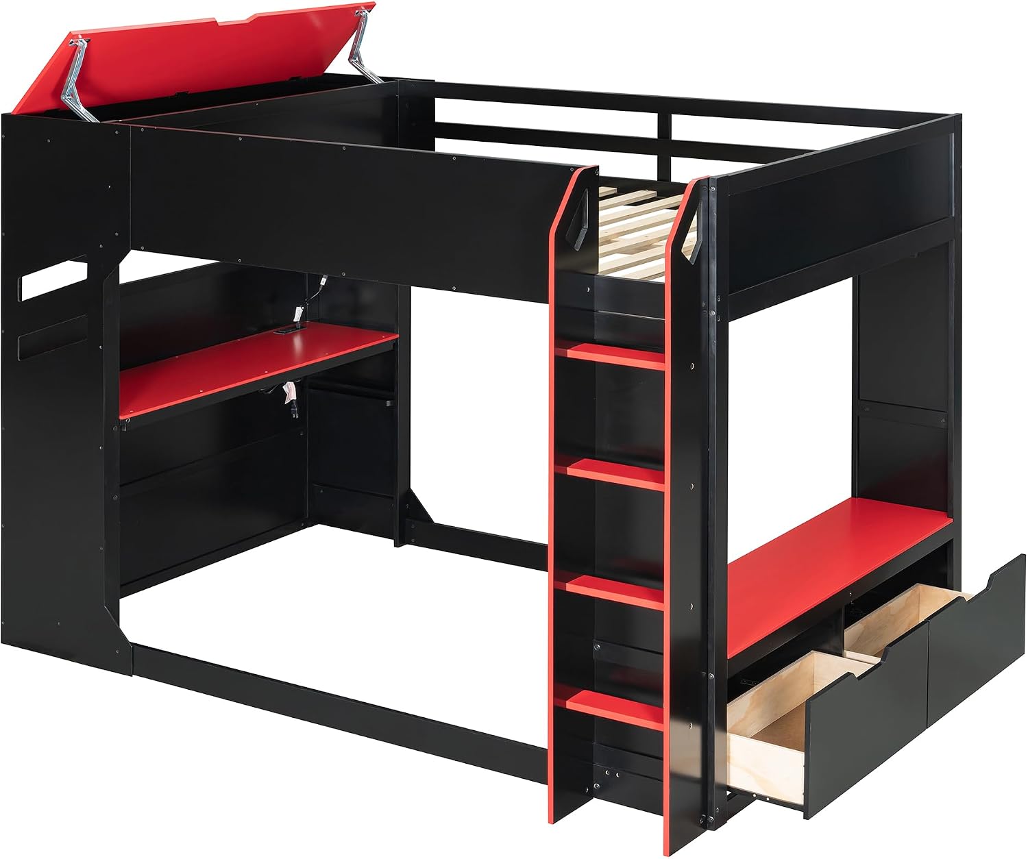 Merax Wood Loft Bed with Height-Adjustable Desk,Drawers,Storage Compartments,Hanging Rod and RGB Lights, Full Size, Red