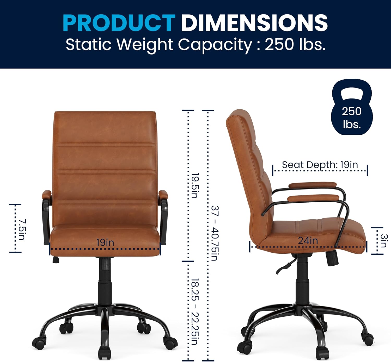 Flash Furniture Whitney Mid-Back Desk Chair - Brown LeatherSoft Executive Swivel Office Chair with Black Frame - Swivel Arm Chair