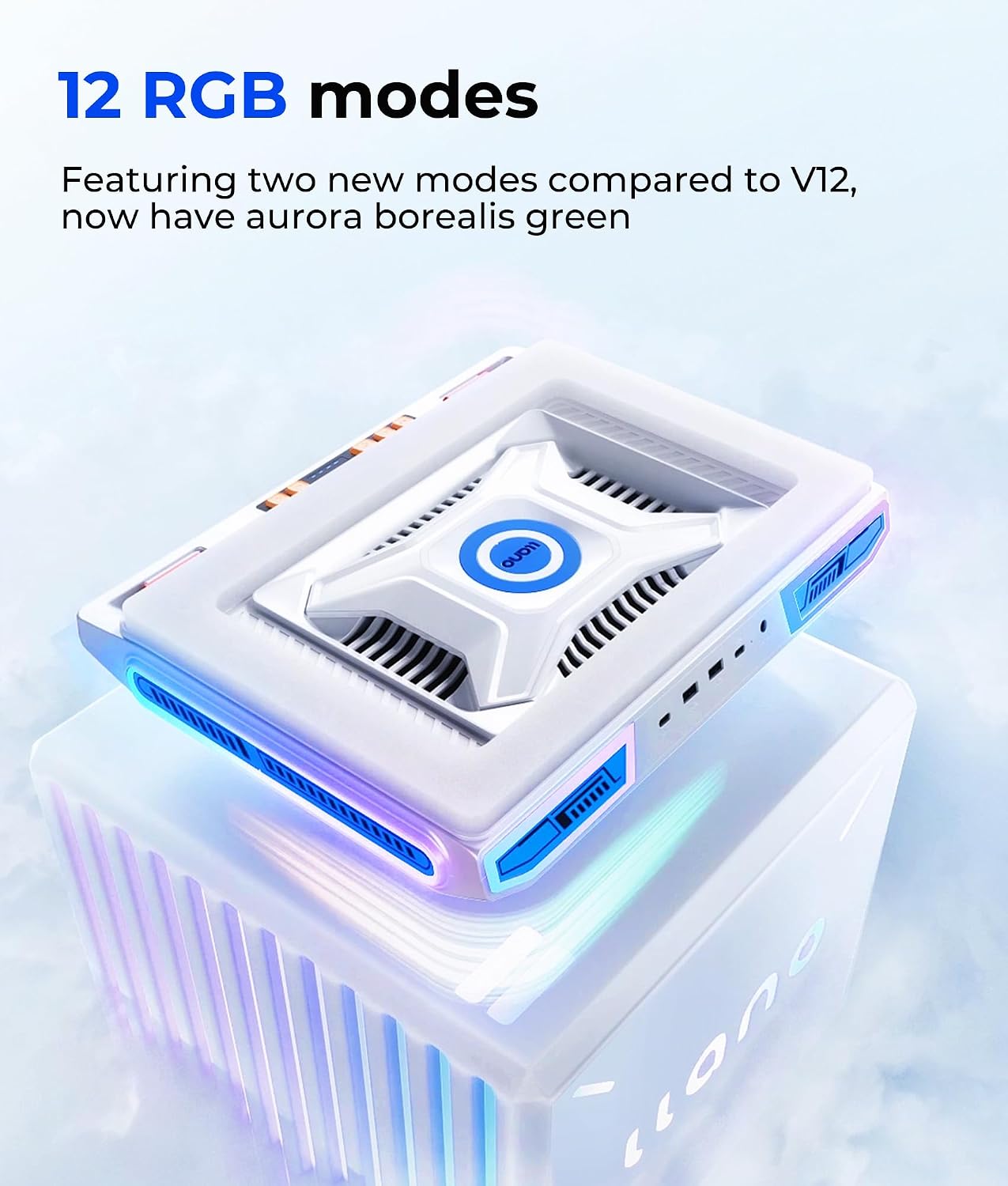 llano V10 Gaming Laptop Cooler, RGB Laptop Cooling Pad Stand with Powerful 4.72 Inch External Turbo Cooling Fan, Fast Cooling Computer 13-17.3inch, 3 Adjustable Stand, 4-Port USB C&A (White)