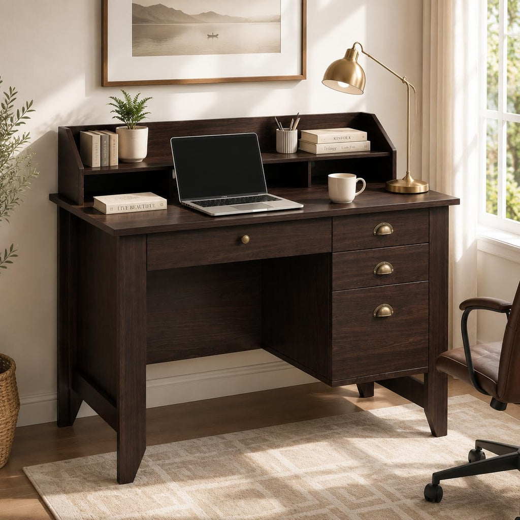 4 EVER WINNER Small Desk with Drawers, Office Desk with File Drawer and Monitor Stand, Writing Desk Study Table for Small Spaces, Espresso