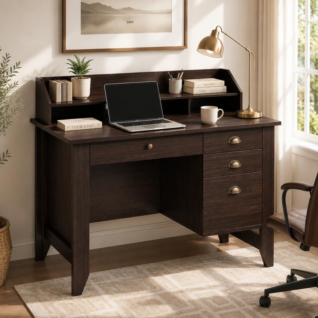 4 EVER WINNER Small Desk with Drawers, Office Desk with File Drawer and Monitor Stand, Writing Desk Study Table for Small Spaces, Espresso