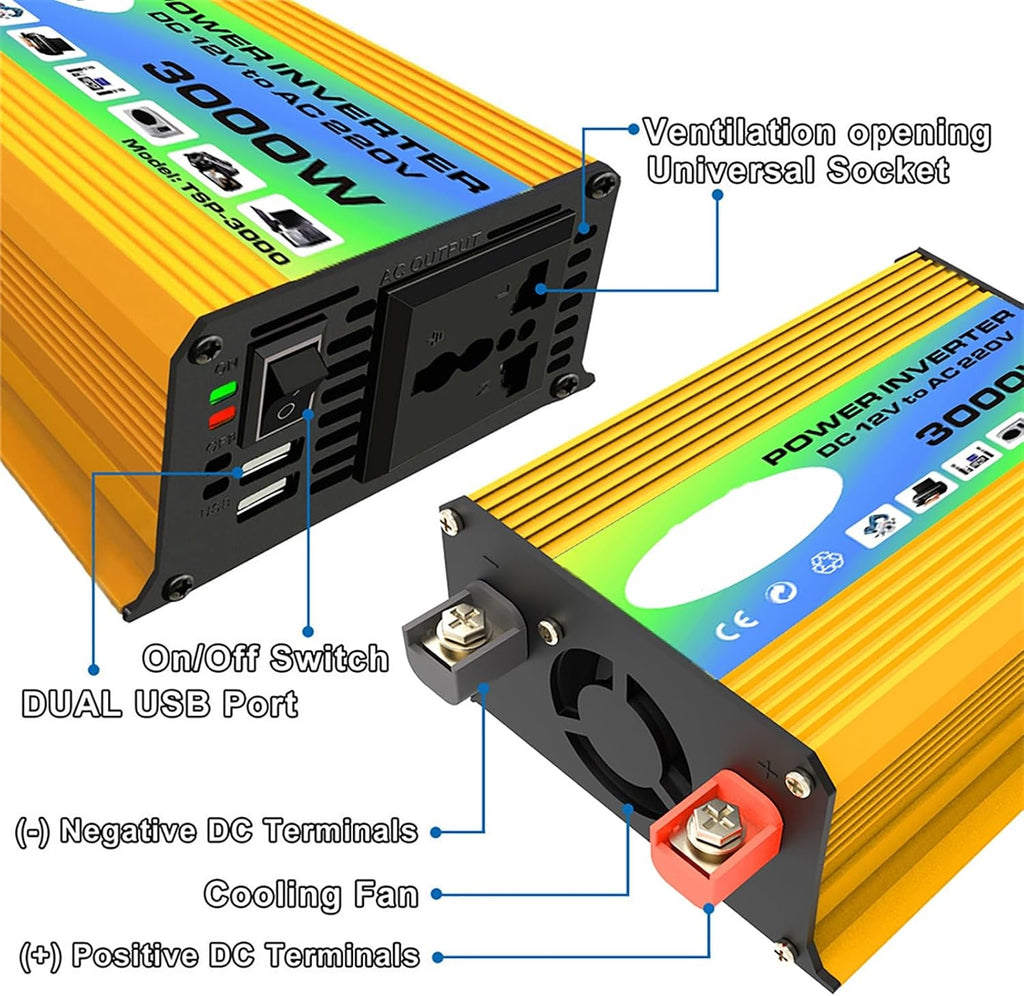 Solar Power System Set 36W Folding Solar Panel with Four USB Chargers + 3000W Power Inverter DC12V-110V/220V + 30A Solar Charge Controller(Yellow,12V-220V)