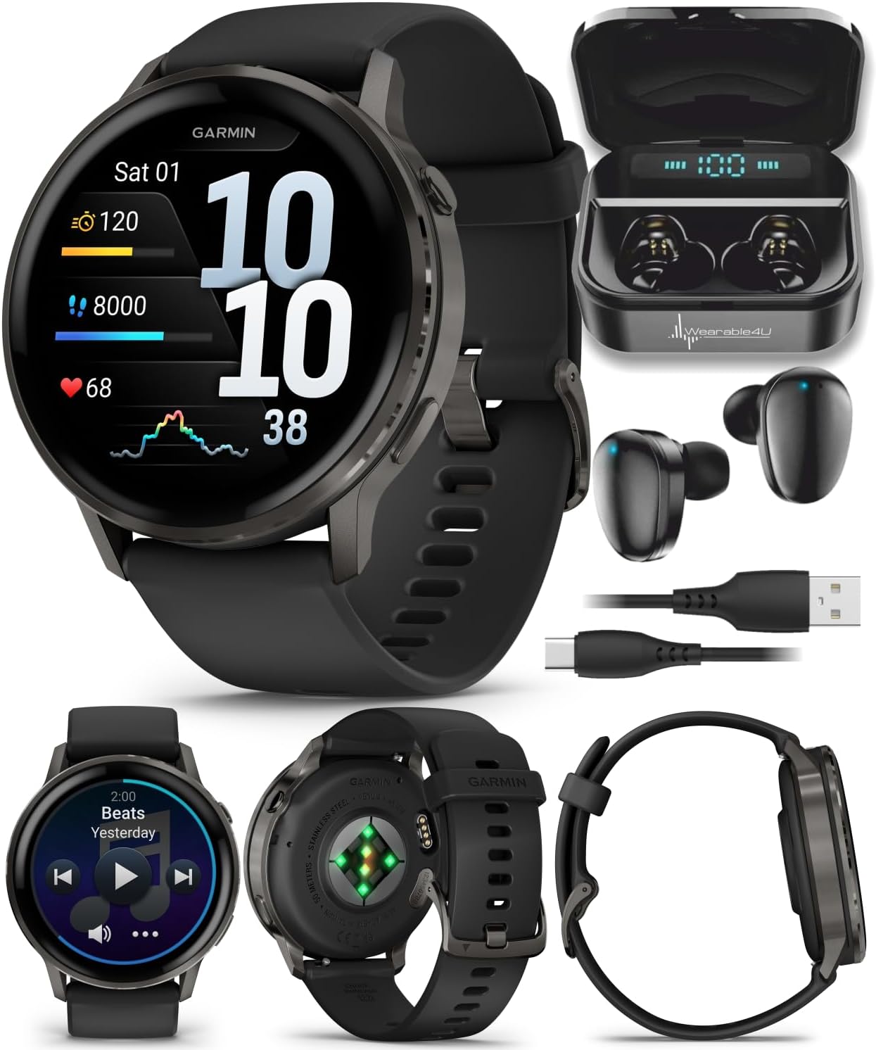 Garmin Venu 4 45mm AMOLED Advanced Health & Fitness GPS Smartwatch, Bright & Colorful Display, Built-in Flashlight, Up to 12 Days, Slate with Black Silicone Band w/Wearable4U Black Earbuds Bundle
