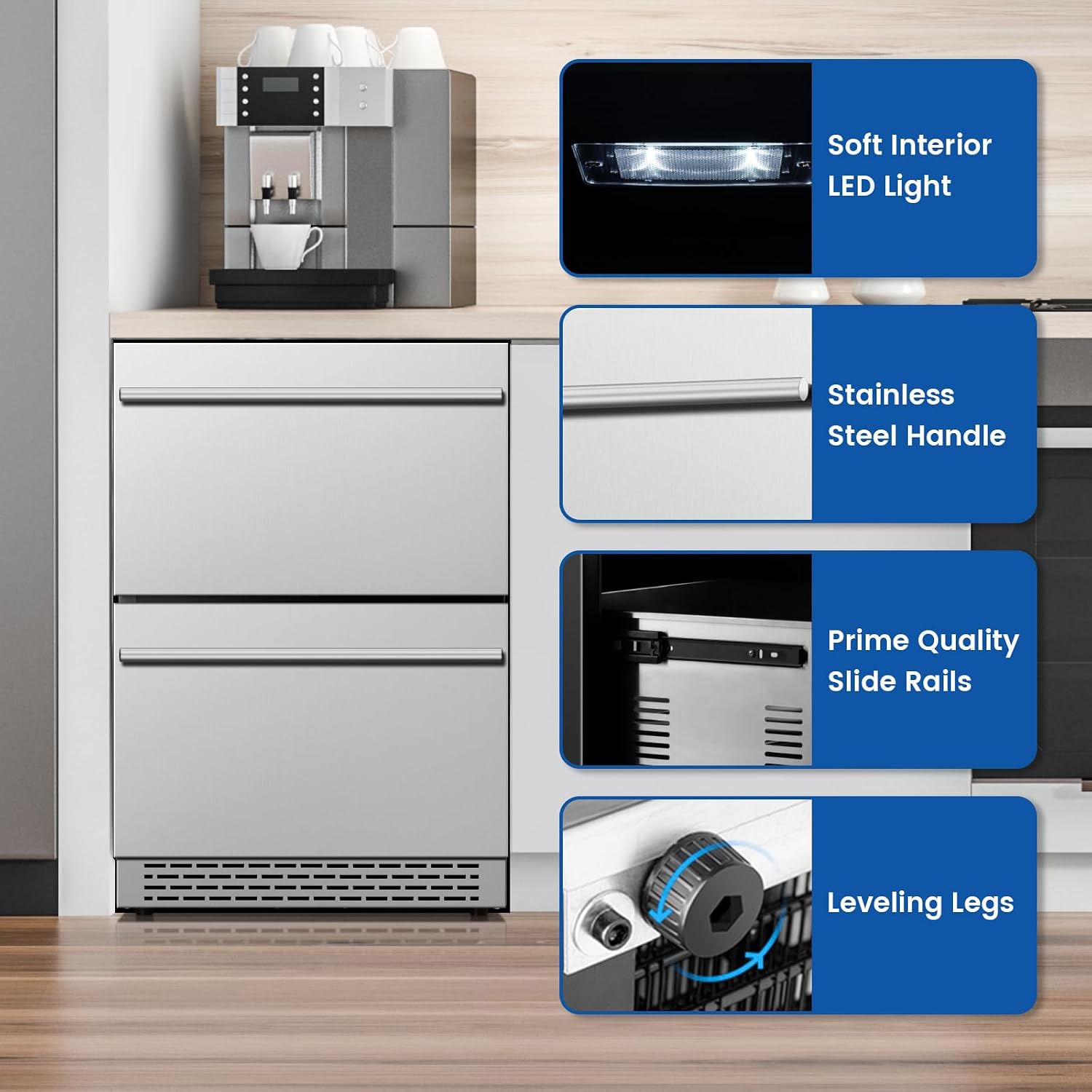 24 Inch Beverage Refrigerator, Under Counter Double Drawer Fridge for Drink Soda Beer, 37-64°F, Freestanding/Built-in Stainless Steel Beverage Cooler for Home Outdoor Commercial Use