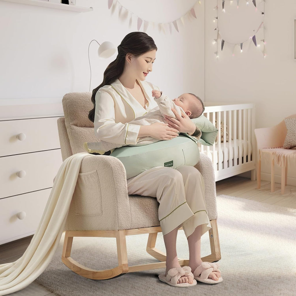 Nursery Glider Rocking Chair with 2 Side Pockets - Solid Wood Legs, Cozy Armchair for Baby Room, Living Room, Bedroom, Comfortable Nursery Essential(Beige)