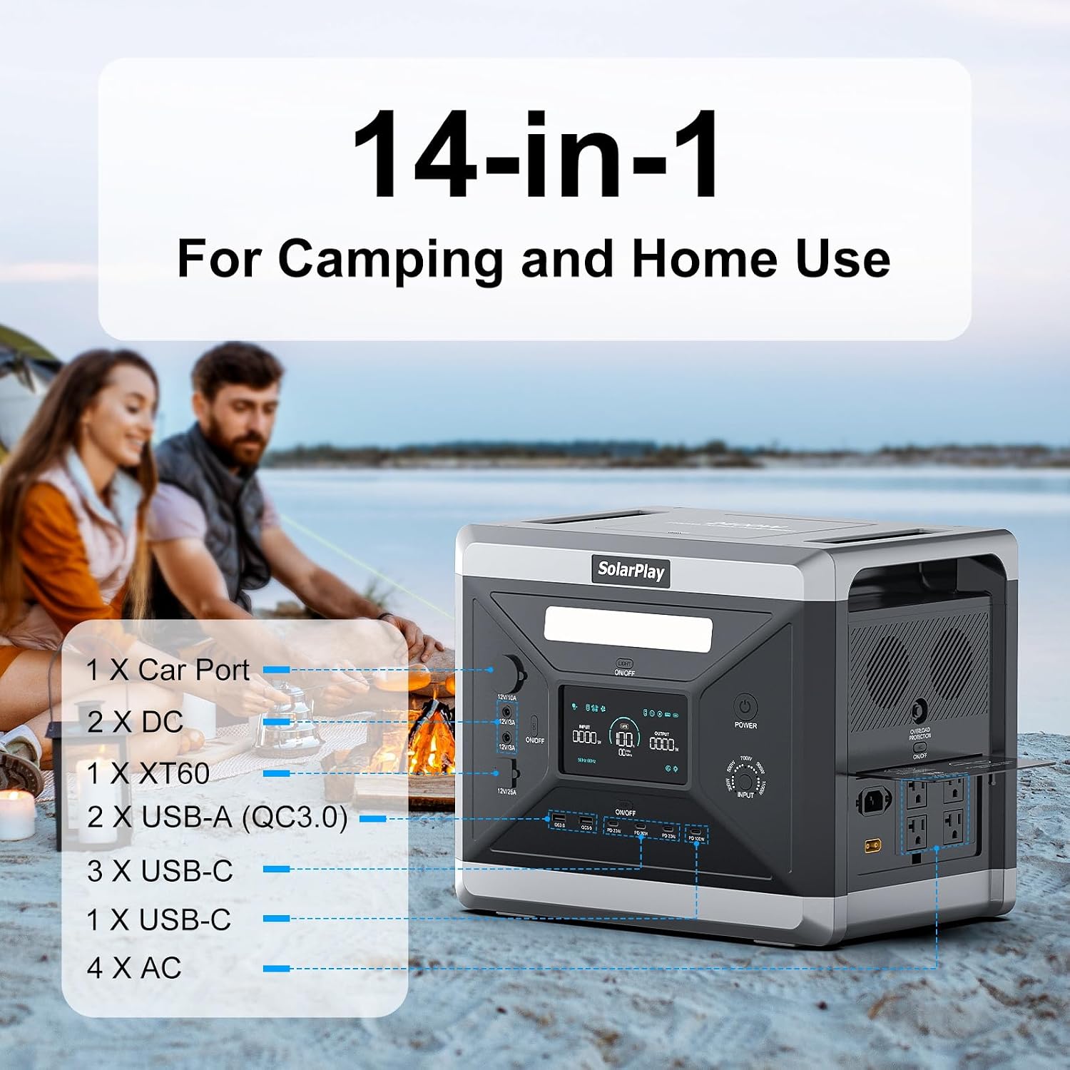 SolarPlay 2400W Portable Power Station, Solar Generator 2160Wh with LFP Battery, 1.5Hrs Fast Charging Emergency Power Station for Camping RV Home (Solar Panel Optional)