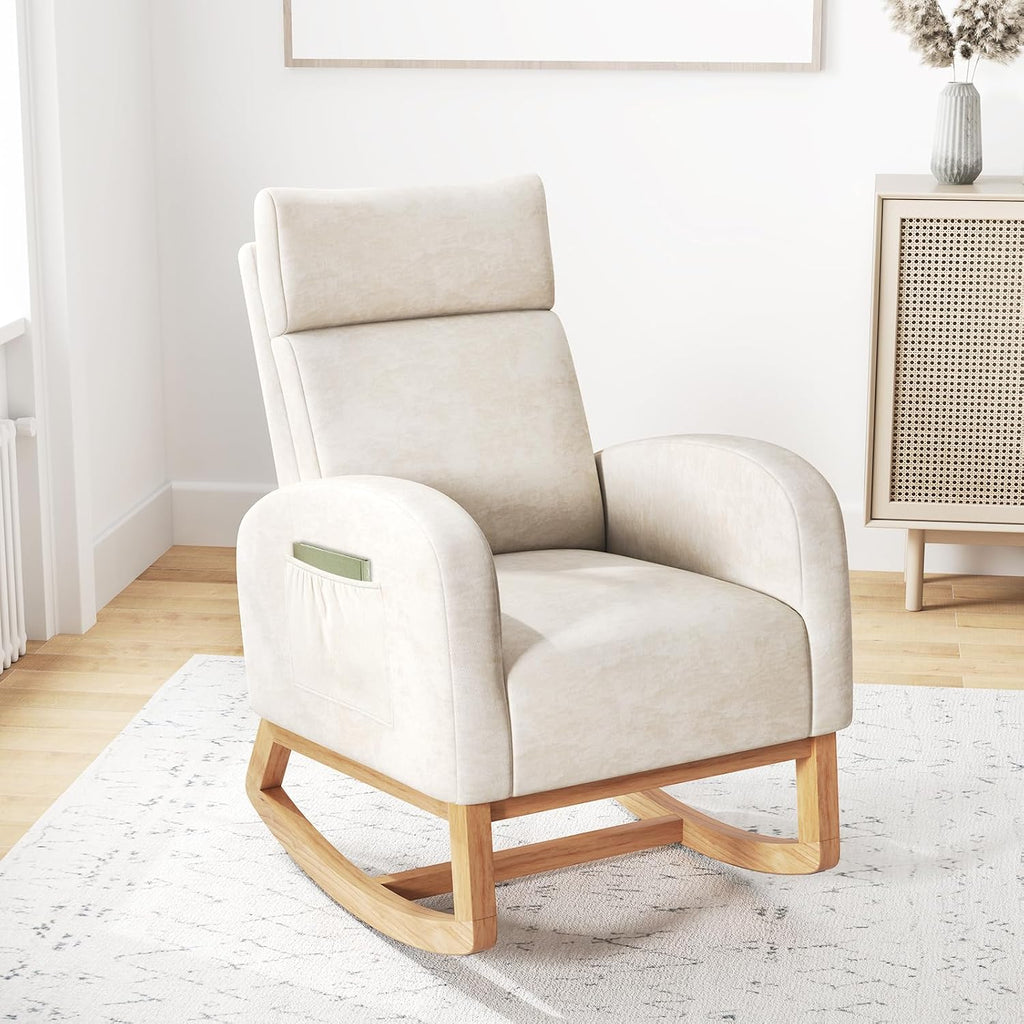 Giantex Rocking Chair Nursery, Upholstered Chenille Rocker Chair w/Side Pocket, Natural Rubber Wood Frame, High Back, Modern Nursery Glider Armchair for Living Room, Bedroom
