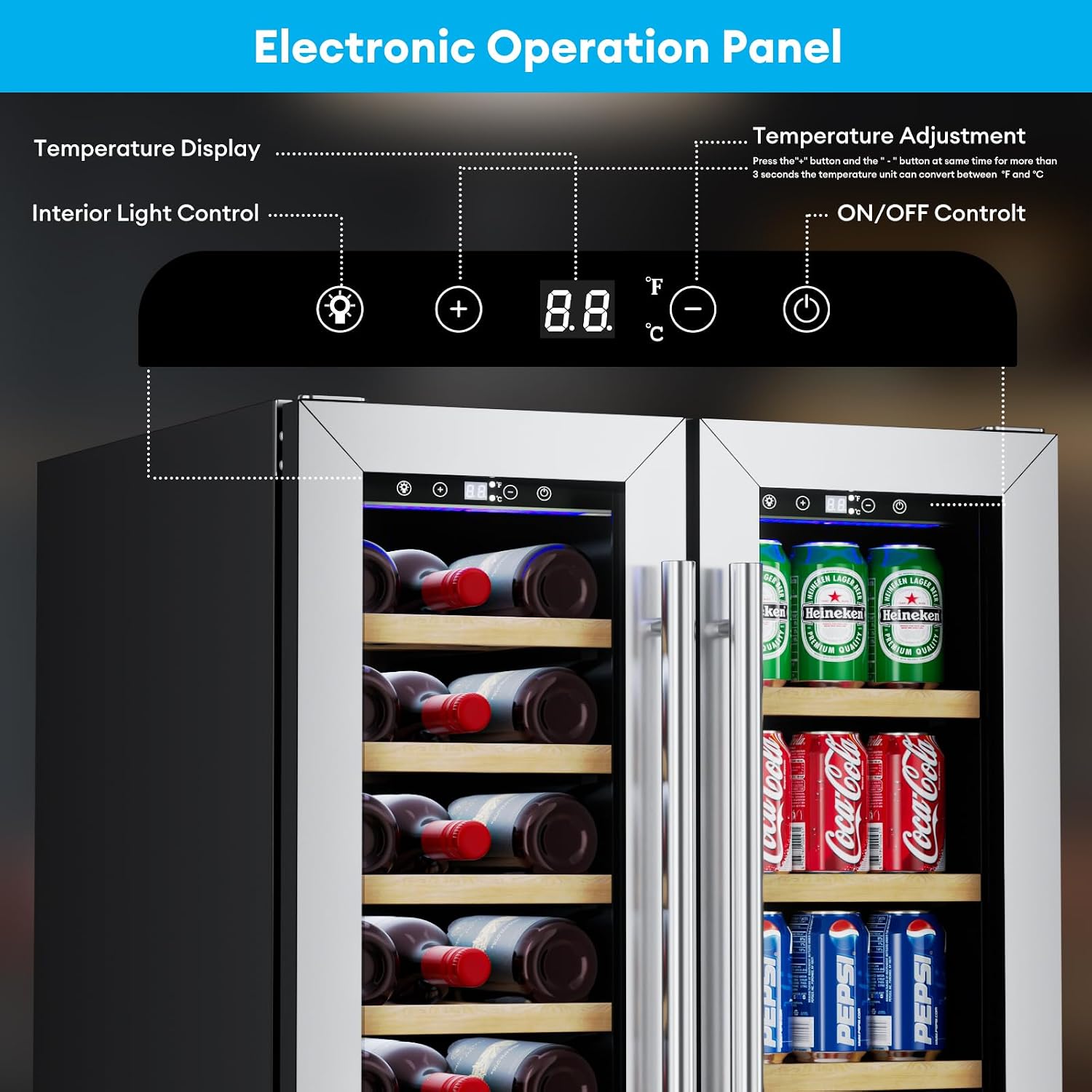 TABU Wine and Beverage Refrigerator, 24 Inch Dual Zone Wine Cooler with Glass Door&Lock, Built-in or Freestanding Beverage Fridge Hold 21 Bottles and 88 Cans