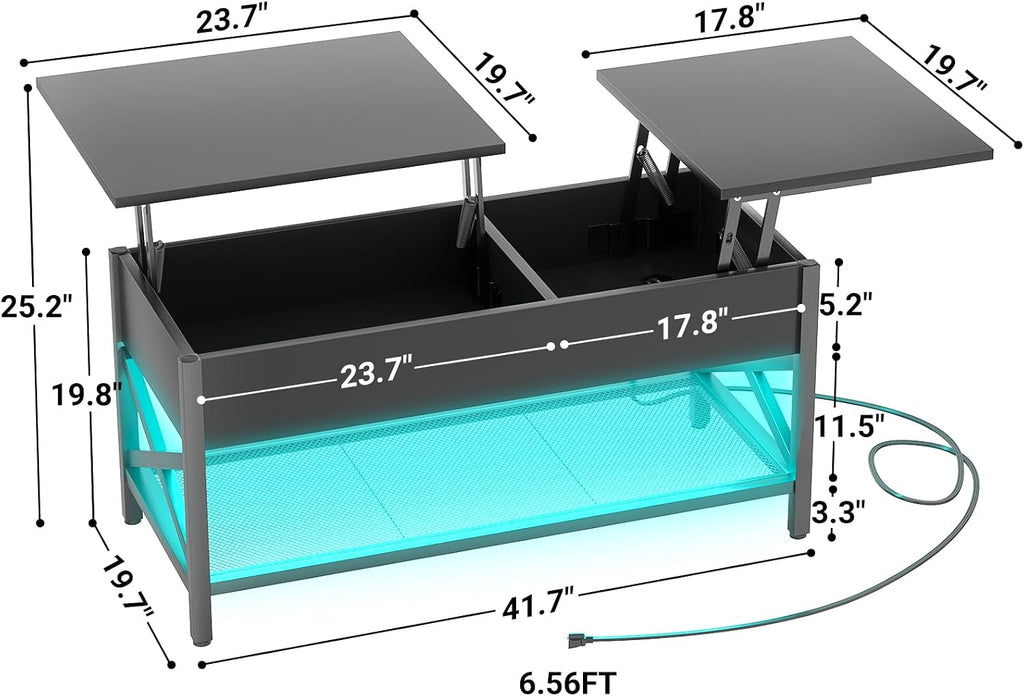 Aheaplus Black Lift-Top Coffee Table with LED Light, Power Outlets and Storage Shelf, 41.7'W x 19.69'L x 19.7'H