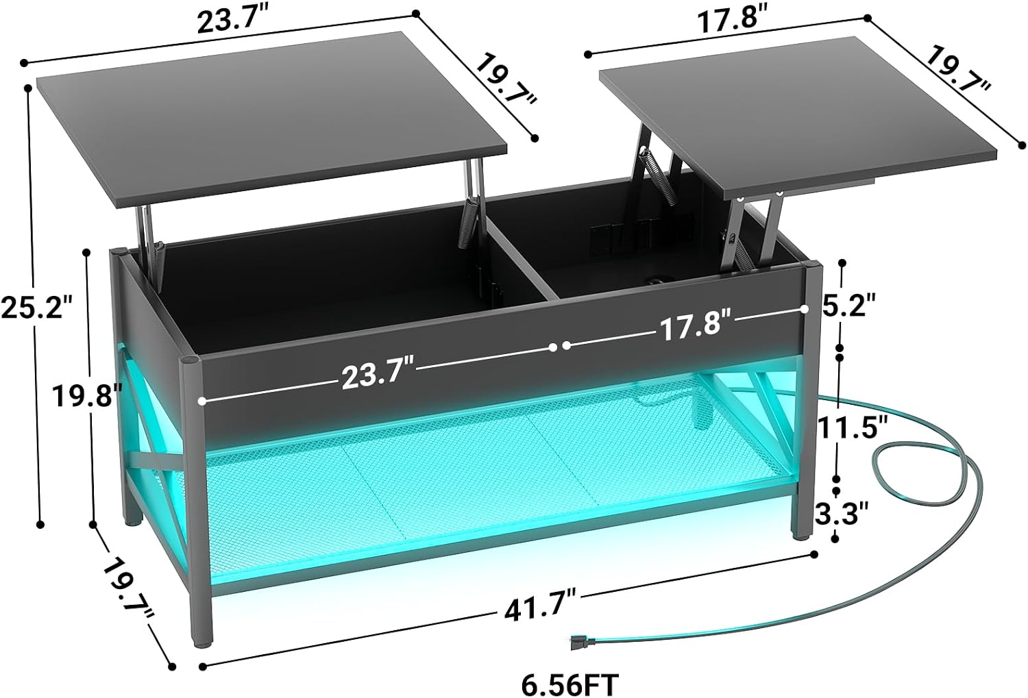 Aheaplus Black Lift-Top Coffee Table with LED Light, Power Outlets and Storage Shelf, 41.7'W x 19.69'L x 19.7'H