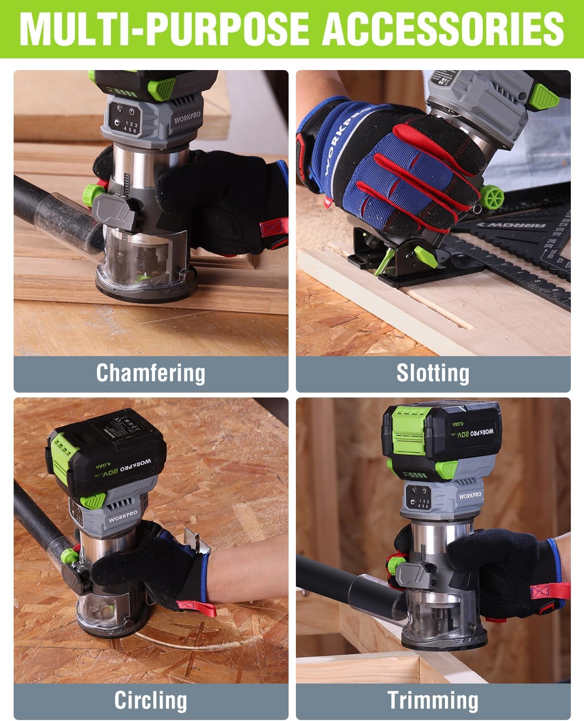 WORKPRO 20V Cordless Compact Router Tool, 6 Variable Speeds up to 30,000RPM Wood Router for Chamfering, Slotting, Trimming, with Multi-Angle Adjustable, Straight, Dual-Handle Base and Multiple Bits