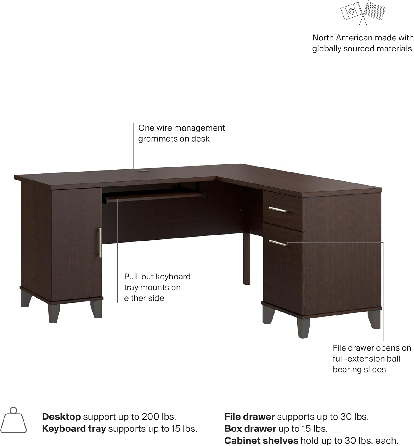 Bush Home 60-Inch L-Shaped Desk with Storage, Corner Computer Office Desk with Drawers and Storage Cabinet, Home Office Furniture, Somerset Collection, Mocha Cherry