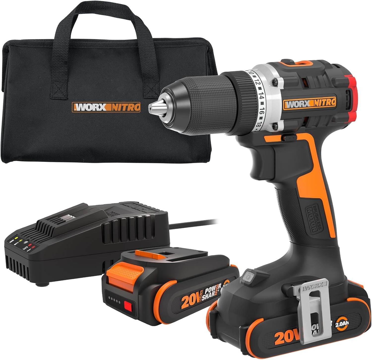 Worx Nitro 20V Cordless 1/2' Drill Driver With Brushless Motor - Compact & Lightweight Set Only 6' and 3 lbs. - Power Share Compatible WX130L - Batteries & Charger Included, Black