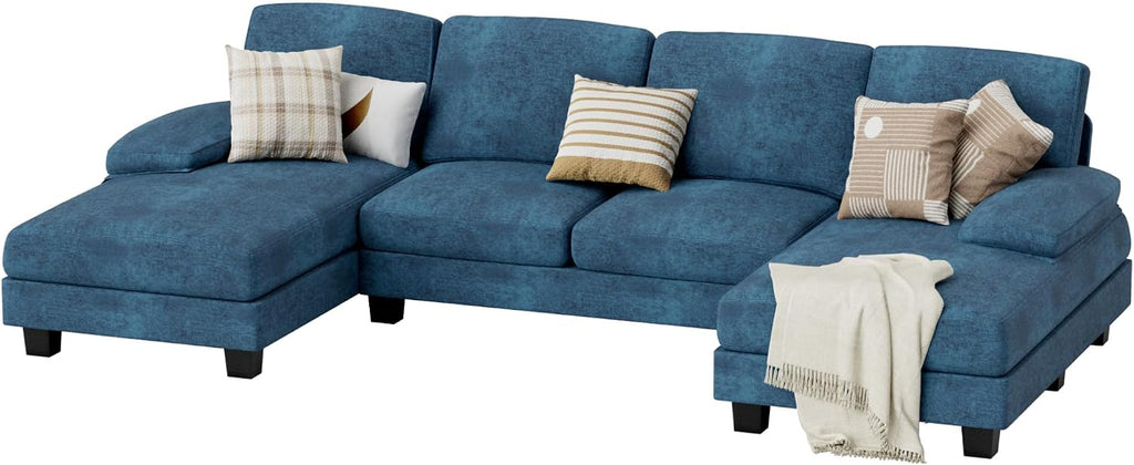 JUMMICO Sectional Couches for Living Room, U Shaped Couch with Chenille Fabric, 4 Seat Modern Sofa with Removable Pillows for Apartment and Small Space (Fabric, Blue)