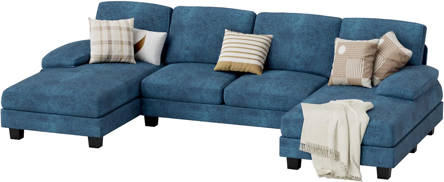 JUMMICO Sectional Couches for Living Room, U Shaped Couch with Chenille Fabric, 4 Seat Modern Sofa with Removable Pillows for Apartment and Small Space (Fabric, Blue)