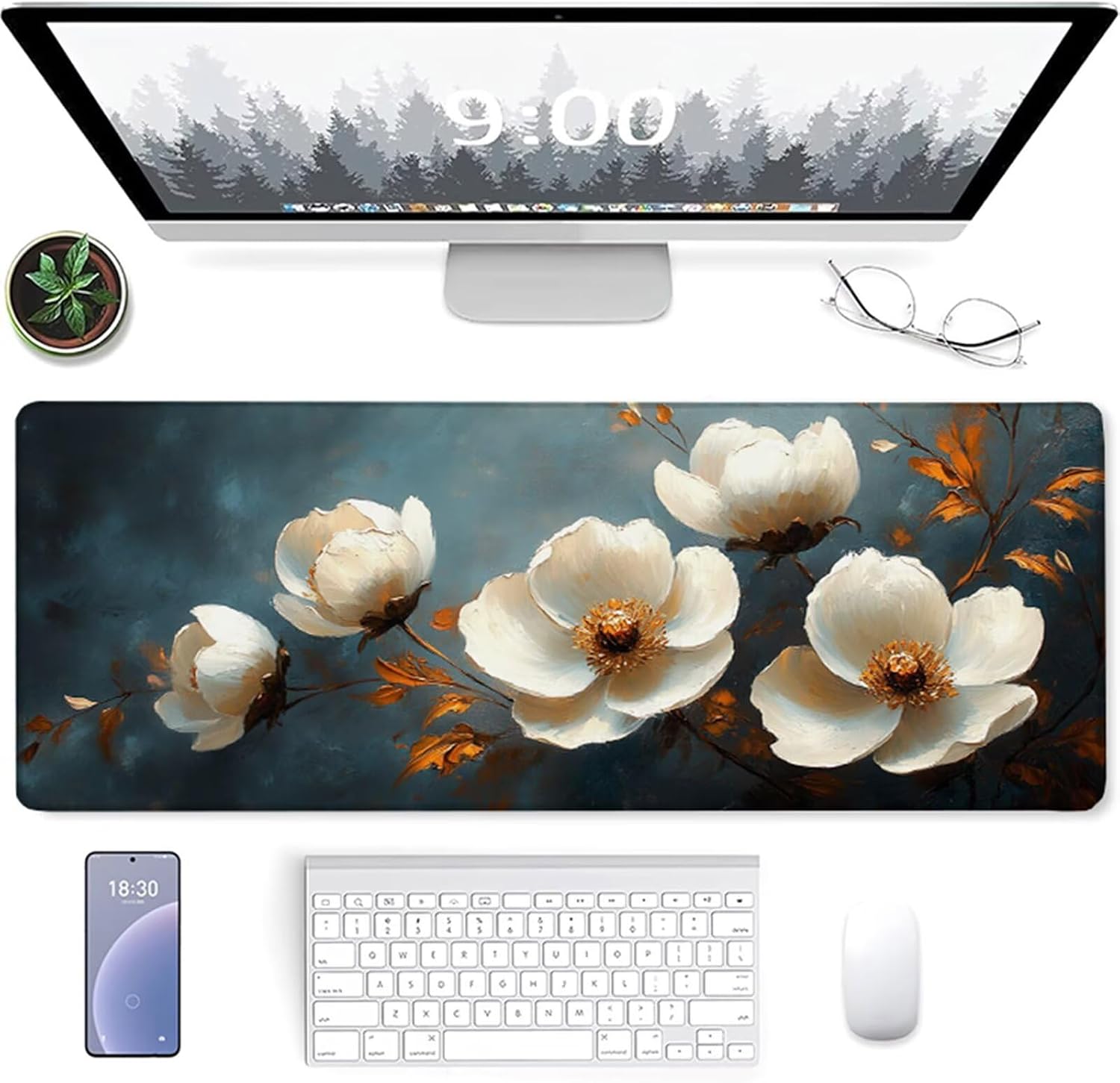 Flower Mouse Pad, Gaming Mouse Pad 64x32in, Desk Mat with Stitched Edges, Large Mousepad Waterproof, Gaming Accessories Keyboard Mat, Office Desk Accessories, for Gamer Computer Office, White 6-6777