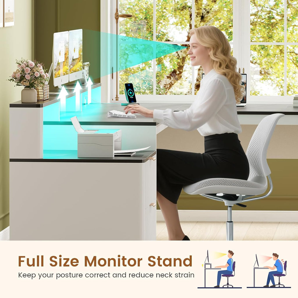 SEDETA 66' Modern L Shaped Desk with Drawers, Fluted Home Office Desk with File Cabinet and Printer Shelf, Wood Executive Desk with Monitor Stand, Led Lights, Power Outlets, White