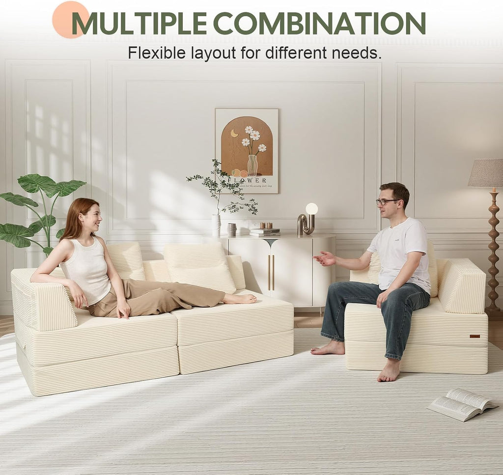 COMAX Futon Sofa Bed 3 Seater, 106' Convertible Sofa Bed Couches for Living Room, 4 in 1 Folding Boneless Sleeper Corduroy Couch Foam in a Box, Comfy Foldable Lounge Fold Out Floor Mattress, Beige