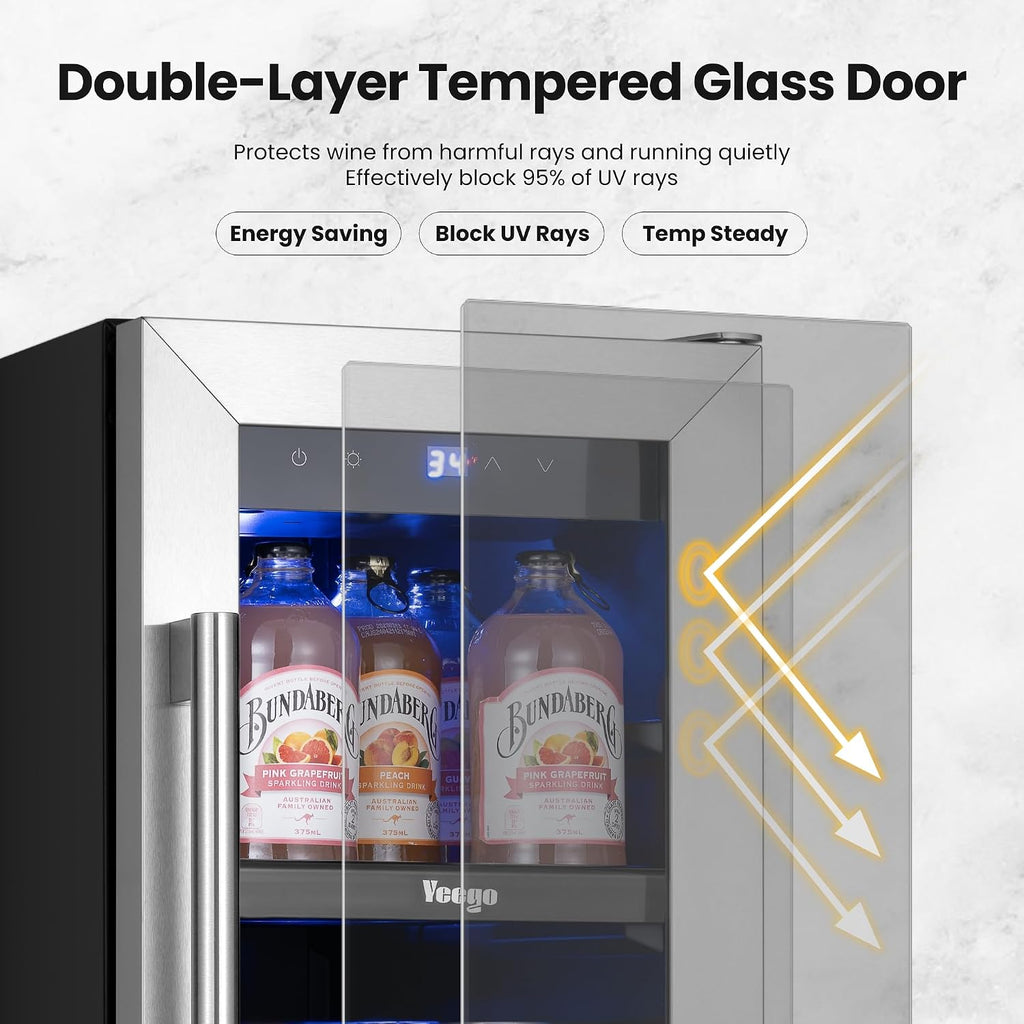 Yeego Beverage Refrigerator & Drink Fridge - 12 inch 60 Cans Beer Cooler Glass Door, 34-54℉ Under Counter Refrigerator Built-in for Drink Soda Wine for Bar Office Bedroom