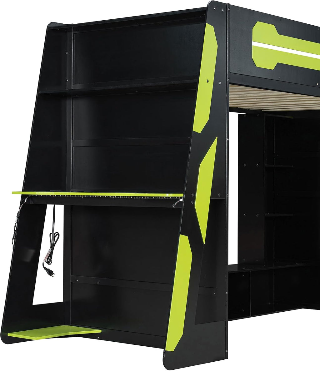 LUMISOL Twin Size Gaming Loft Bed with Desk, RGB LED Lights & Charging Stations, Wood Loft Bed Frame with Storage Bookshelves for Kids, Teens & Adults, Green + Black