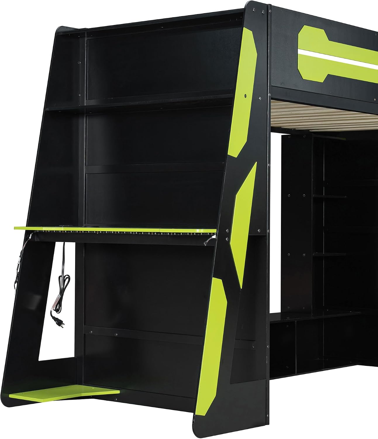 LUMISOL Twin Size Gaming Loft Bed with Desk, RGB LED Lights & Charging Stations, Wood Loft Bed Frame with Storage Bookshelves for Kids, Teens & Adults, Green + Black