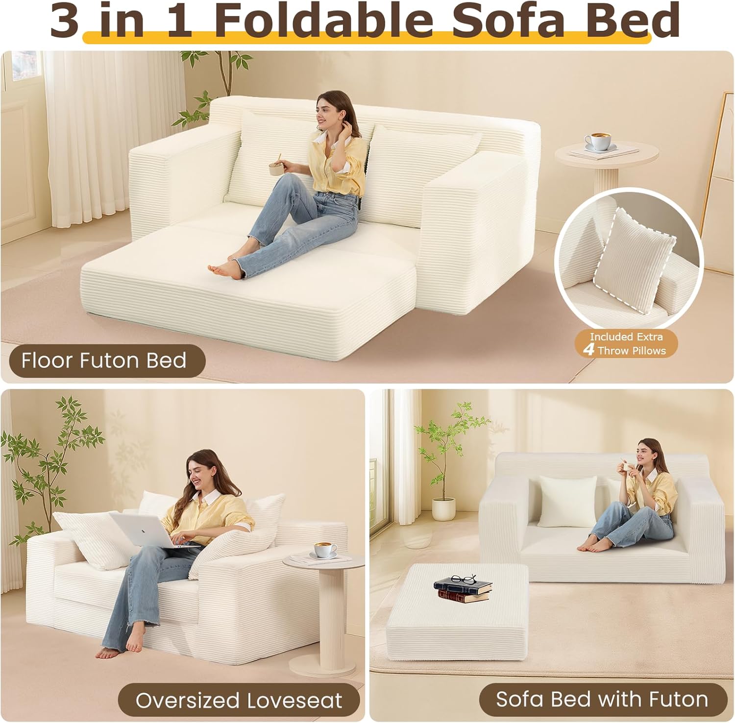 cidludto Convertible Sofa Bed, 3 in 1 Loveseat Folding Couch Bed Foldable - Chaise Lounge Chair & Floor Futon Sleeper, Corduroy Pull Out Sofa Bed with 4 Pillows for Living Room, Beige