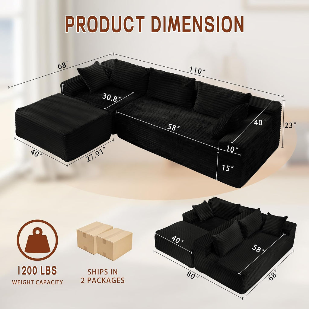 Korser 110' L-Shaped Modular Sectional Sofa with Chaise, Boneless Comfy Corduroy Fluffy Couch with Deep Seat and Side Pockets, Flexible Module Combination for Living Room, No Assembly, Side Pockets