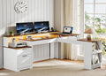 Farmhouse 63' L Shaped Standing Desk, Corner Computer Desk with Drawers, Office Desk with File Drawers with RGB Lighting & Charging Station, Monitor Stand and Storage Shelves, White and Walnut