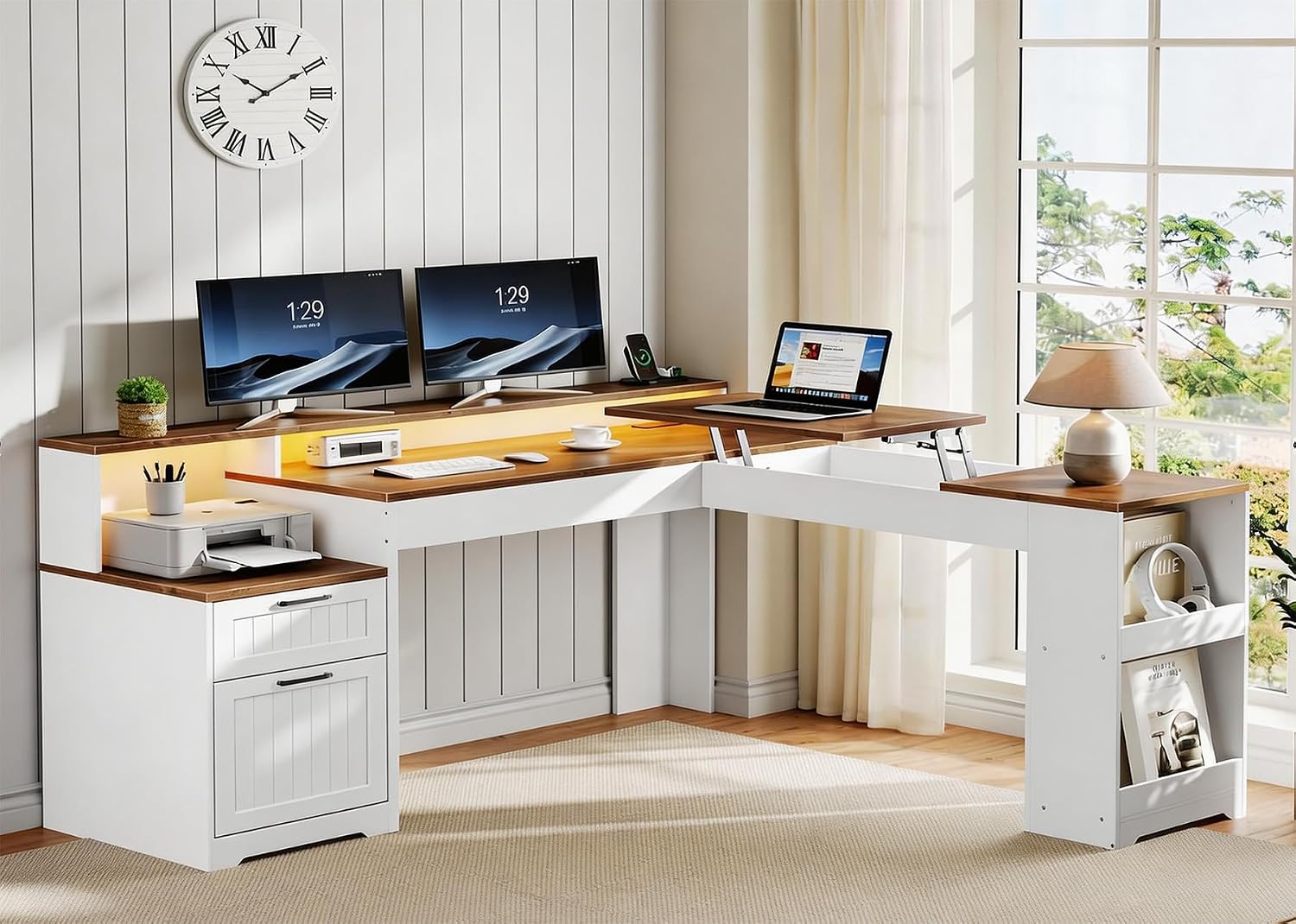Farmhouse 63' L Shaped Standing Desk, Corner Computer Desk with Drawers, Office Desk with File Drawers with RGB Lighting & Charging Station, Monitor Stand and Storage Shelves, White and Walnut