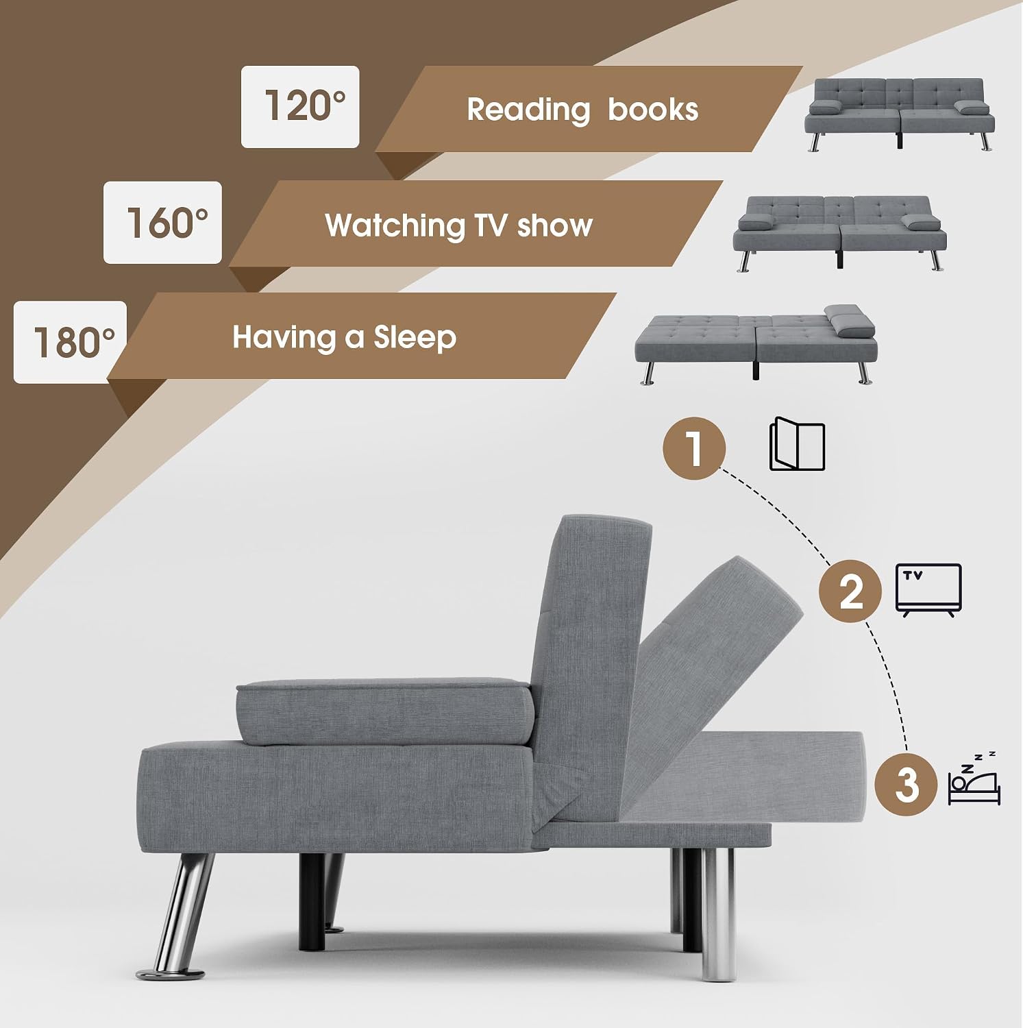 Flamaker Futon Sofa Bed Modern Folding Futon Set Linen Fabric Convertible Recliner Lounge for Living Room with 2 Cup Holders, Removable Armrests (Fabric, Grey)