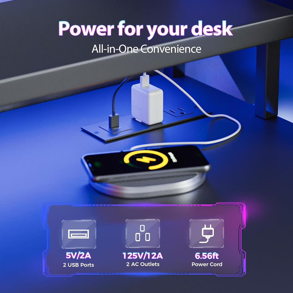 Mericonia Gaming Desk with Power Outlets & LED Lights, Reversible Computer Desk with PC Case Stand, Fabric Drawers, Modern Office Desk with Shelves, Monitor Stand