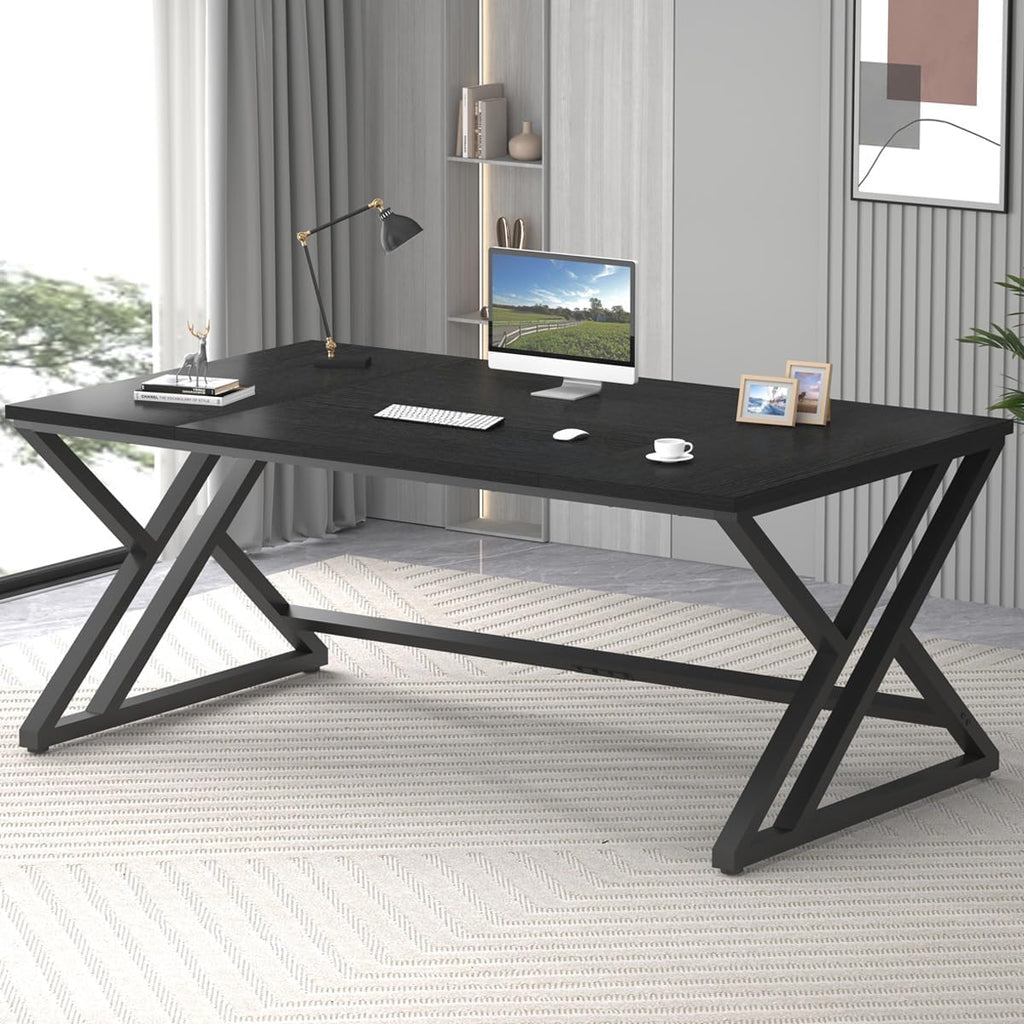LVB 70.8' Black Computer Desk, Large Industrial Pc Study Home Office Desk, Long Modern Wood Gaming Work Writing Desk for 2 Person, Farmhouse Double Workstation Executive Desk with Storage in Bedroom