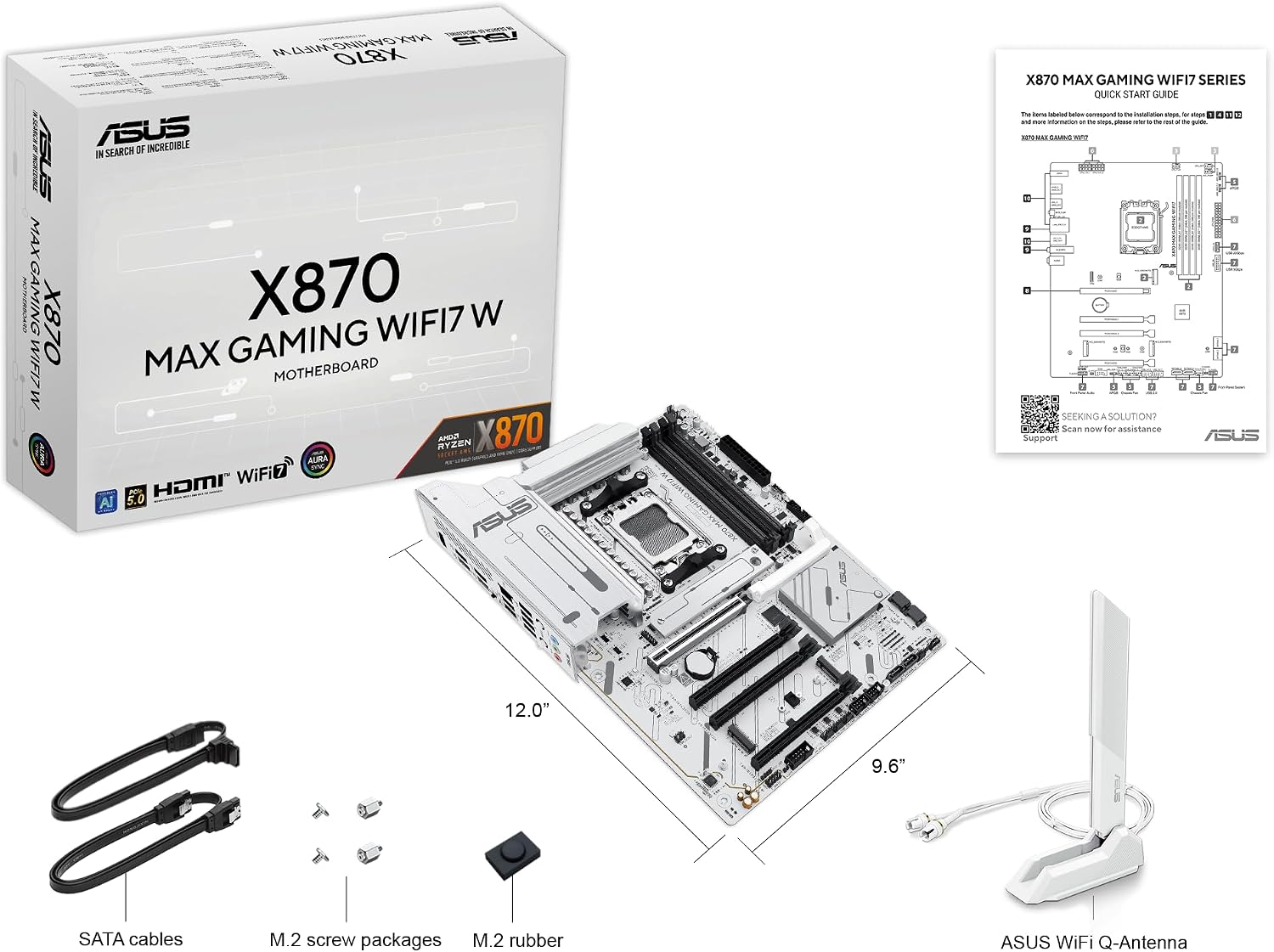 ASUS X870 MAX GAMING WIFI7 W AMD AM5 ATX Motherboard, 8-layer White PCB, 12+2+1 80A DrMOS, DDR5, PCIe 5.0 x16 Q-Release, 3x M.2, Wi-Fi 7 Q-Antenna, USB4® Type-C®, 2.5Gb LAN, BIOS FlashBack™, Aura Sync