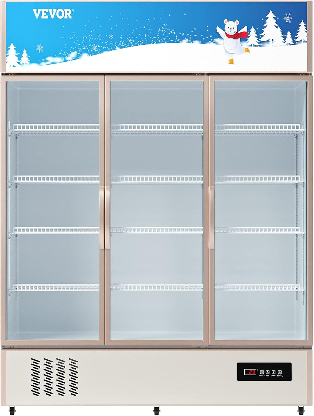 VEVOR Commercial Merchandiser Refrigerator Triple Glass Doors, Cubic Ft, Upright Display Beverage Cooler 79' Tall x 60' Width, Fridge with LED Lighting for Drink Wine Soda, Gold, 35 cu.ft