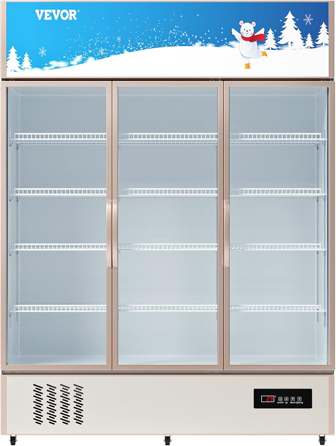 VEVOR Commercial Merchandiser Refrigerator Triple Glass Doors, Cubic Ft, Upright Display Beverage Cooler 79' Tall x 60' Width, Fridge with LED Lighting for Drink Wine Soda, Gold, 35 cu.ft