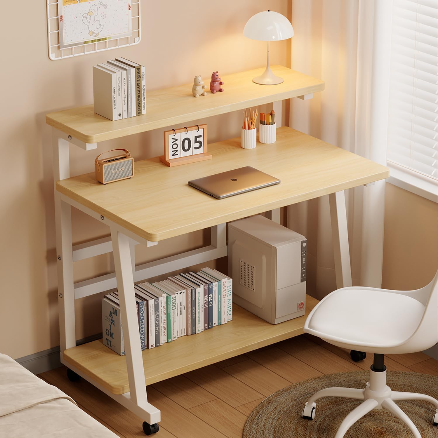 31.5 Inch Office Desk, Rolling Small Computer Desk with Monitor Stand and Storage Shelves, Small Desk for Bedroom & Home Office,Portable writing desk on Wheels for Small Spaces