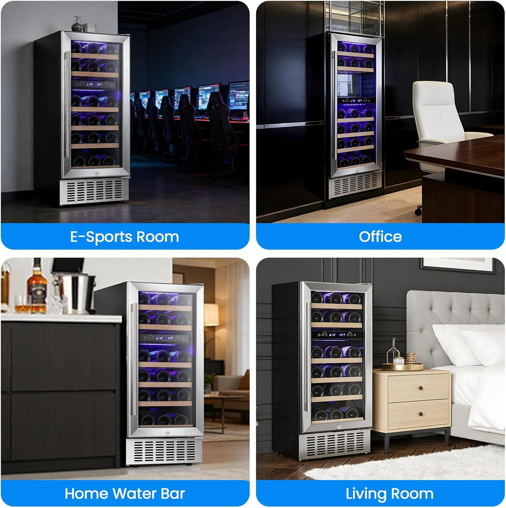 Antarctic Star Wine Fridge 15' Wine Cooler Under Counter Beverage Refrigerator Beer Mini Fridge 28 Bottles Dual Zone Built-in Freestanding Stainless Steel Double-Layer Tempered Glass Door