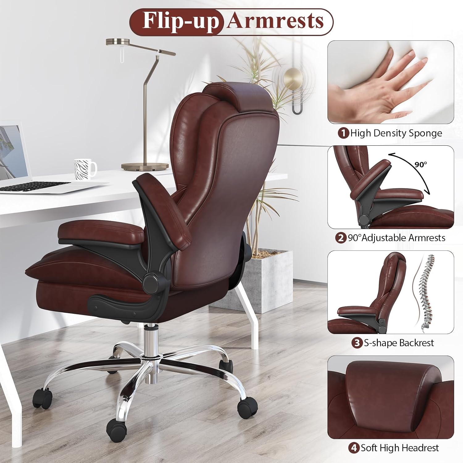 Office Desk Chair, Executive Leather Office Chair, High Back Ergonomic Home Desk Chair with Padded Flip-up Arms, Big and Tall Computer Chair with Rocking Function, 360°Swivel Free, Brown