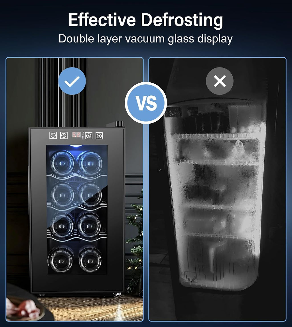 8 Bottle Thermoelectric Wine Fridge, Mini Wine Cooler Refrigerator with LED Touchscreen & Low-E Glass Door, No Vibration Frost-Free Quiet, Countertop/Freestanding, Safety Lock