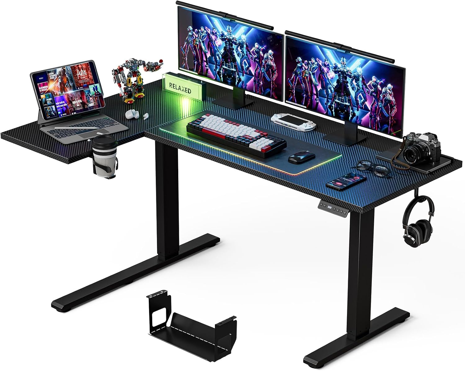 Muvai 59 Inch L Shaped Standing Desk Adjustable Height with Cable Management Tray,Gaming Electric Corner Standing Desk, Sit Stand Computer Table with Reversiable Splice Board, Black Carbon