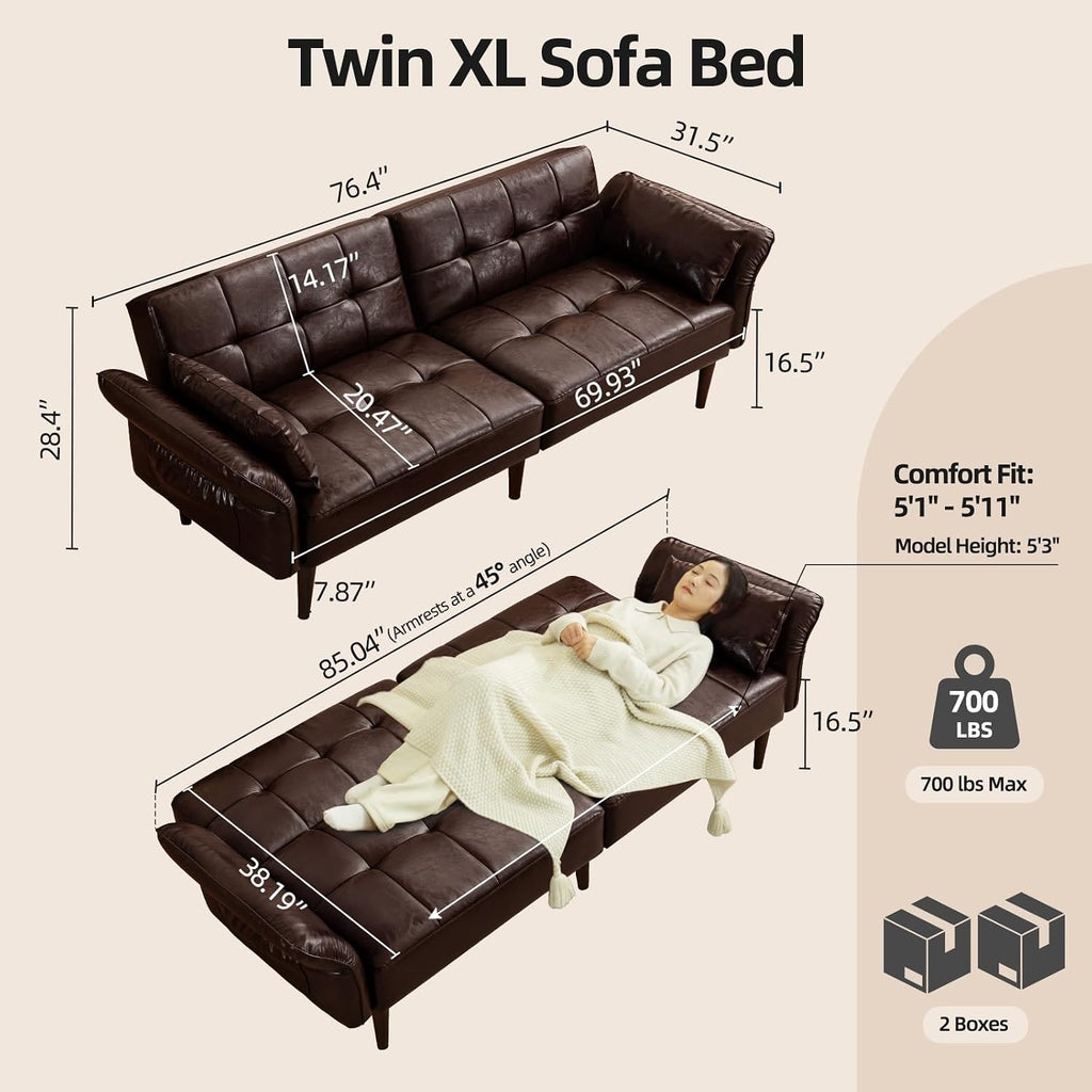 HALLYBEE 85' Futon Sofa Bed, Sleeper Sofa, Small Couch with Storage Adjustable Armrests Pillows, Faux Leather Loveseat, Mid Century Modern Couches for Living Room, Bedroom, Apartment, Coffee Brown