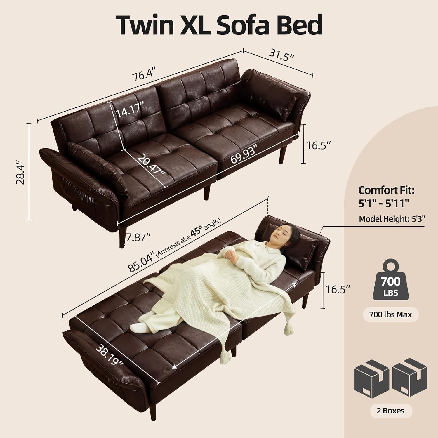 HALLYBEE 85' Futon Sofa Bed, Sleeper Sofa, Small Couch with Storage Adjustable Armrests Pillows, Faux Leather Loveseat, Mid Century Modern Couches for Living Room, Bedroom, Apartment, Coffee Brown