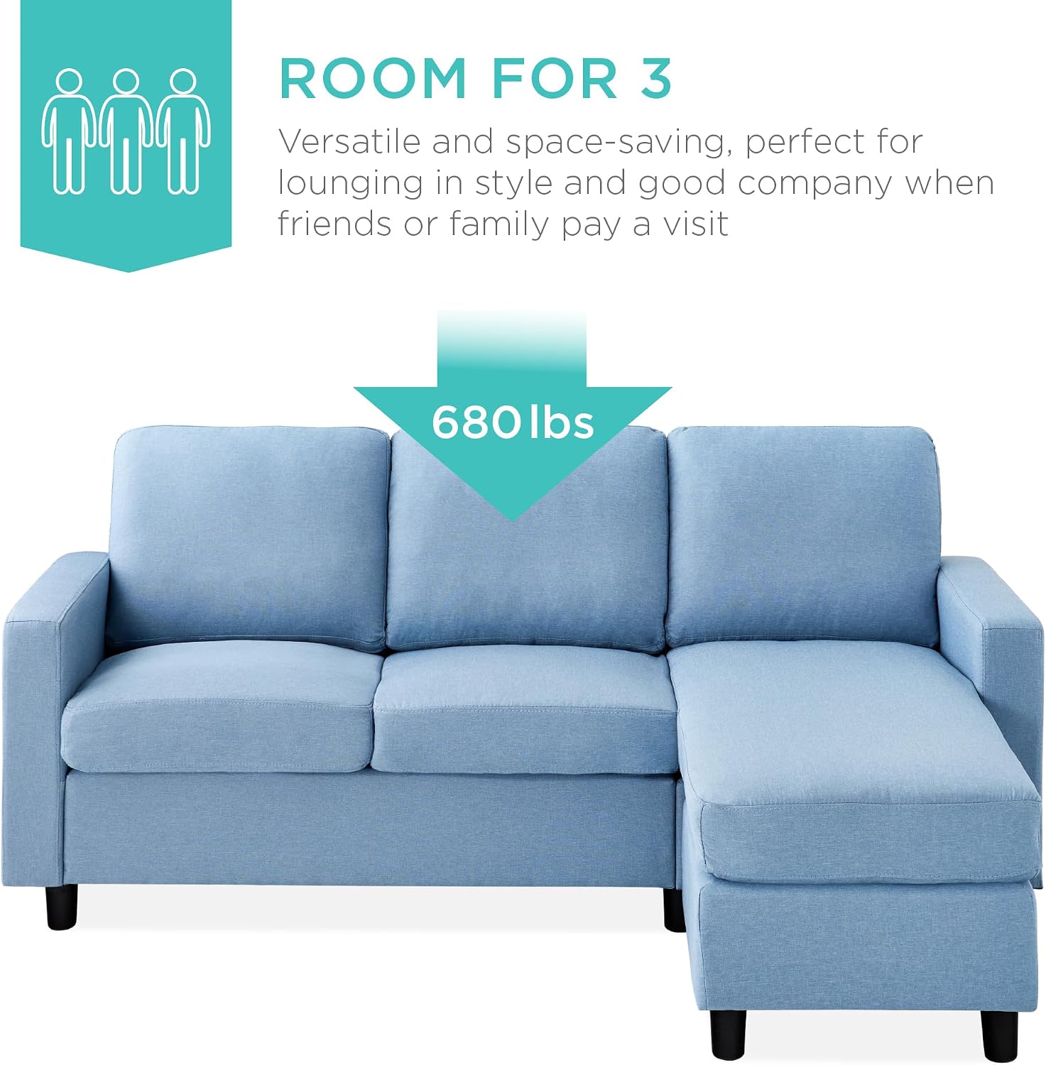Best Choice Products Upholstered Sectional Sofa for Home, Apartment, Dorm, Bonus Room, Compact Spaces w/Chaise Lounge, 3-Seat, L-Shape Design, Reversible Ottoman Bench, 680lb Capacity - Light Blue